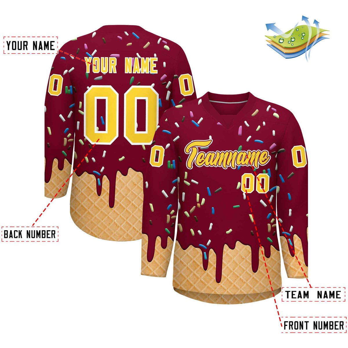 Custom Crimson Gold Ice Cream Pattern Personalized V-Neck Hockey Jersey