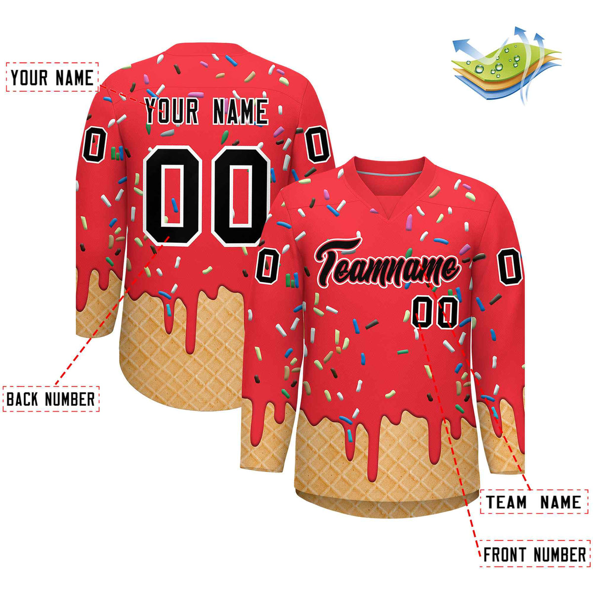 Custom Light Red Black Ice Cream Pattern Personalized V-Neck Hockey Jersey