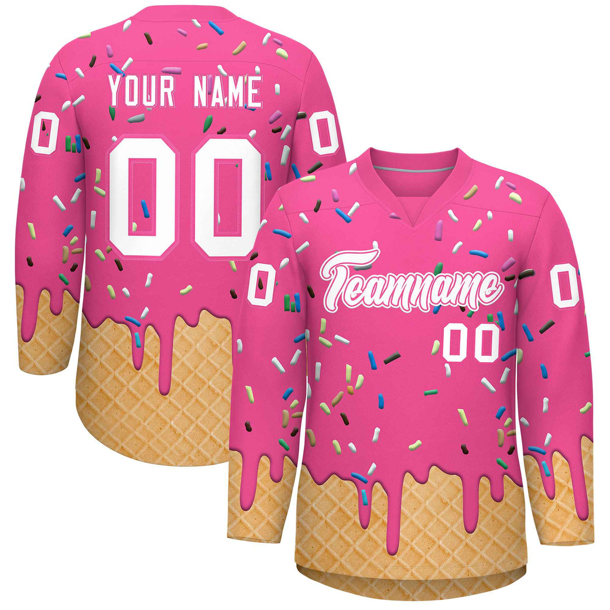 Custom Pink White Ice Cream Pattern Personalized V-Neck Hockey Jersey