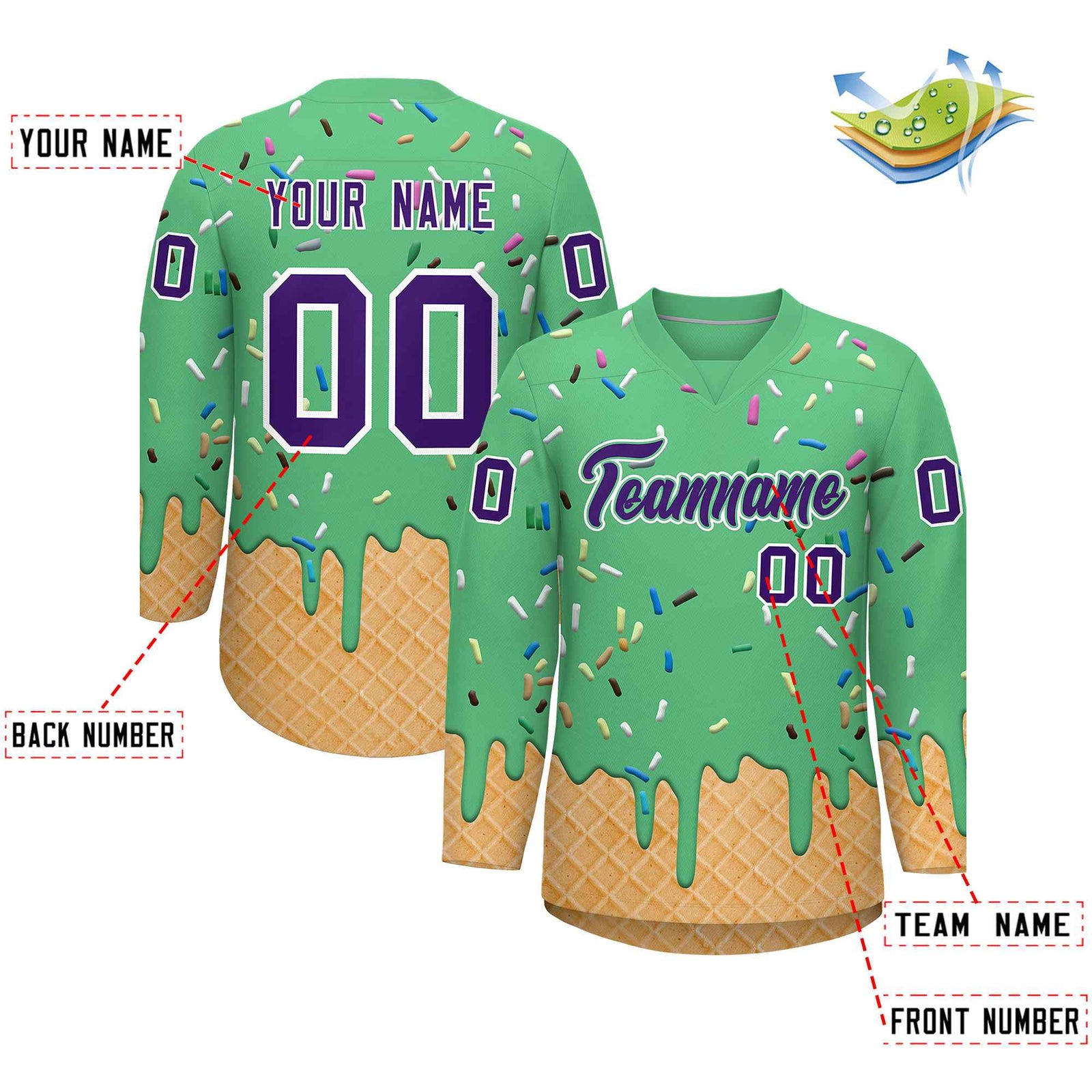 Custom Neon Green Purple Ice Cream Pattern Personalized V-Neck Hockey Jersey
