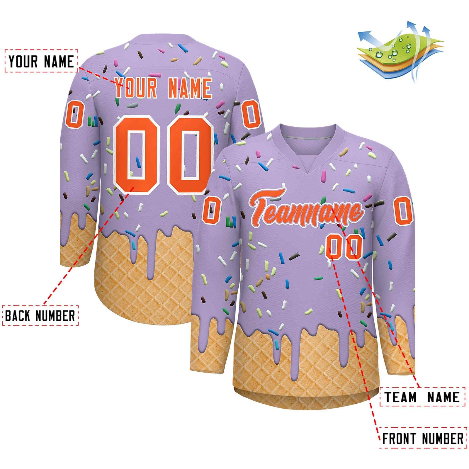 Custom Light Purple Orange Ice Cream Pattern Personalized V-Neck Hockey Jersey