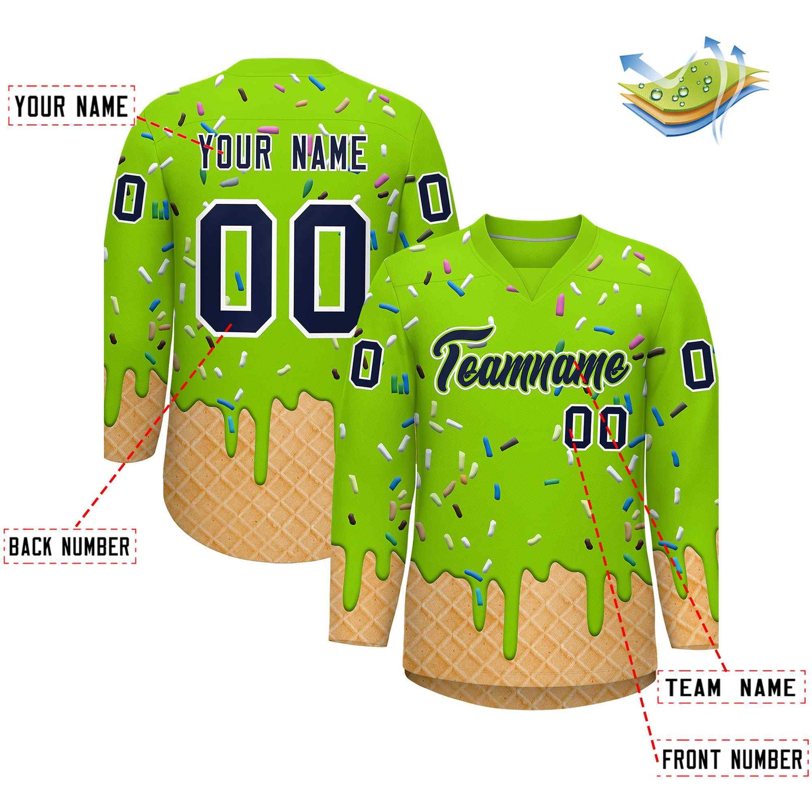Custom Neon Green Navy Ice Cream Pattern Personalized V-Neck Hockey Jersey