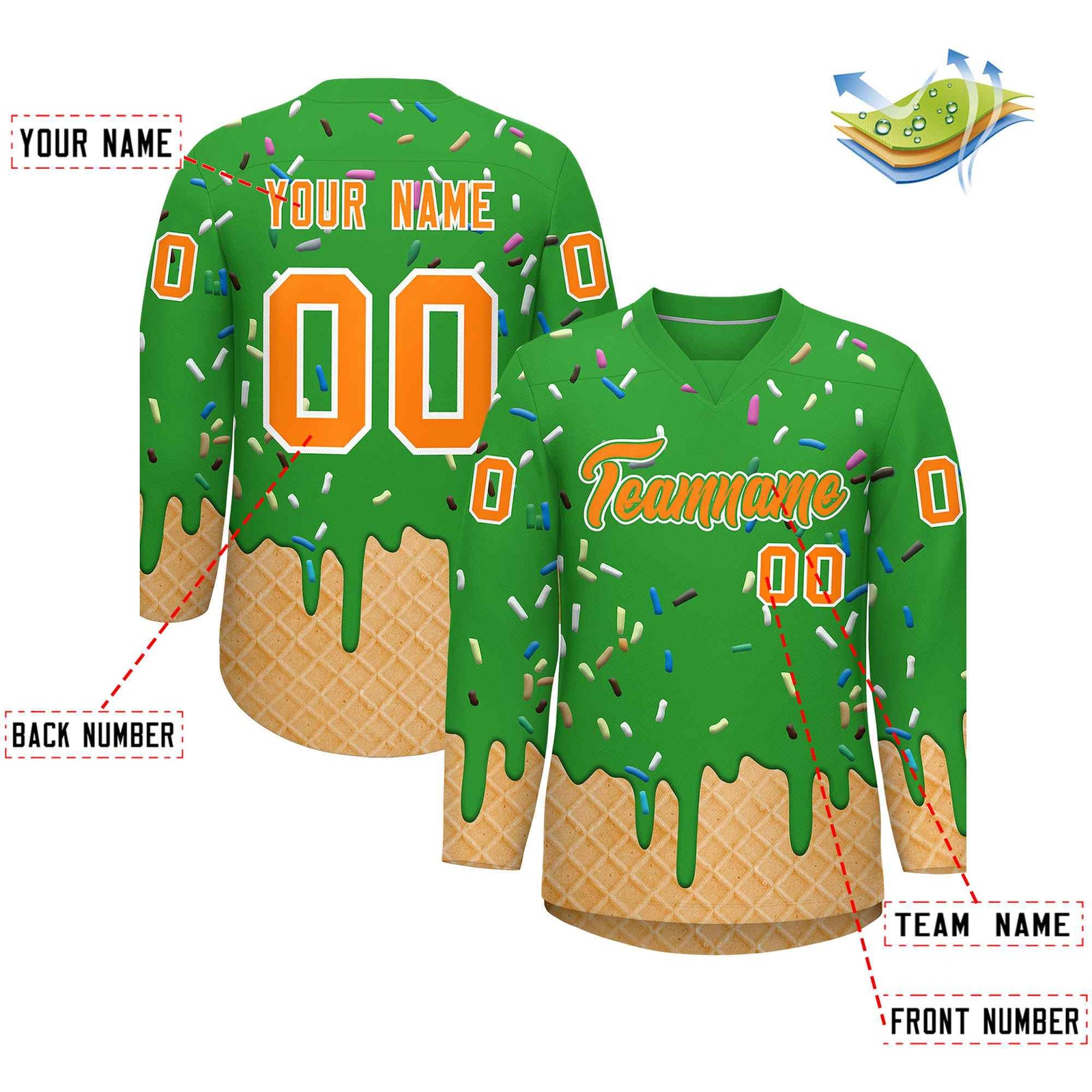 Custom Light Green Orange Ice Cream Pattern Personalized V-Neck Hockey Jersey