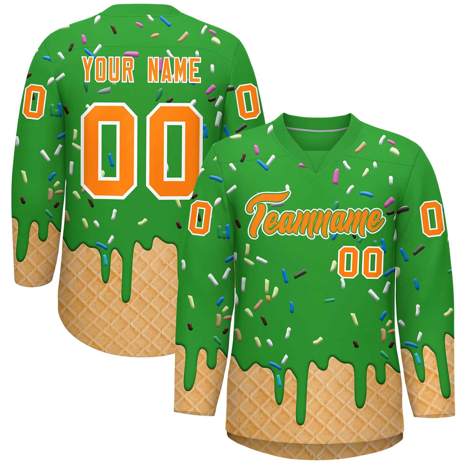 Custom Light Green Orange Ice Cream Pattern Personalized V-Neck Hockey Jersey