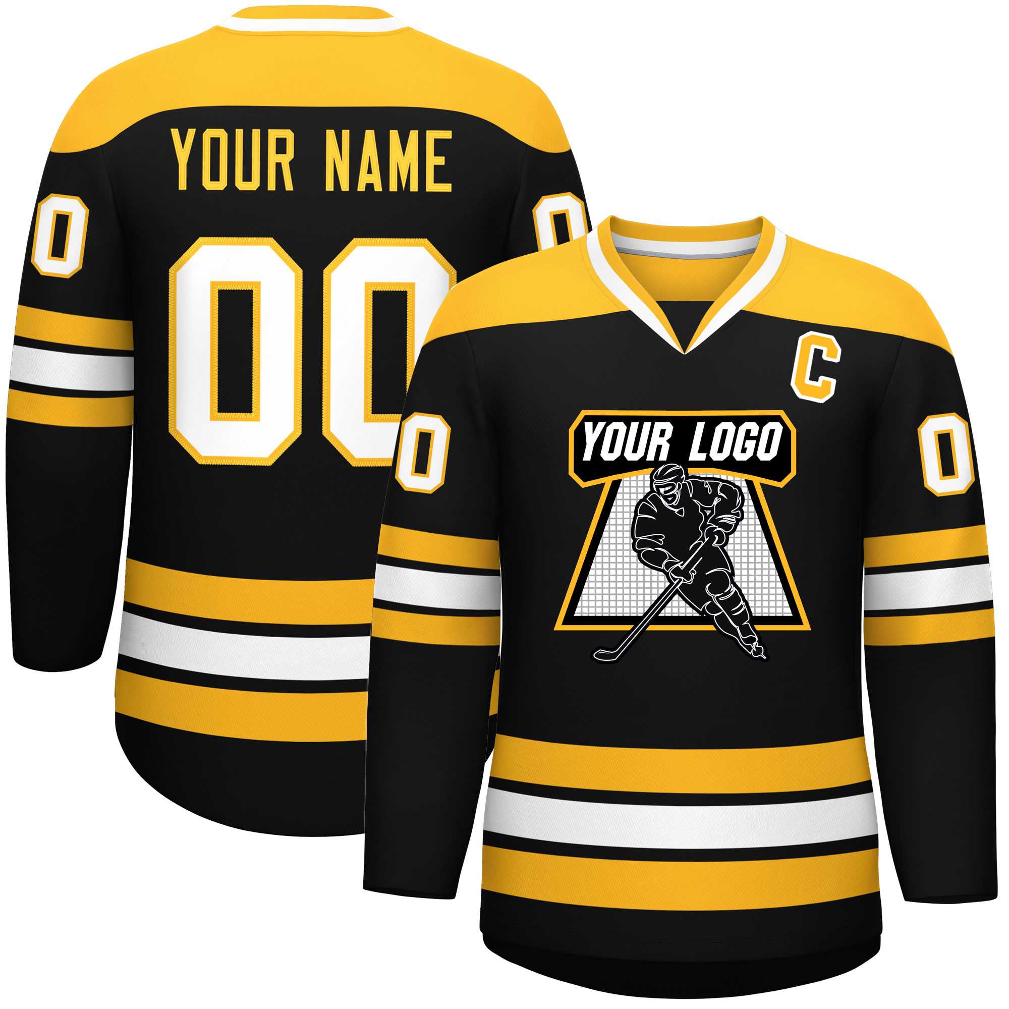 KxK Custom Black Gold White Personalized Classic V Neck Hockey Jersey