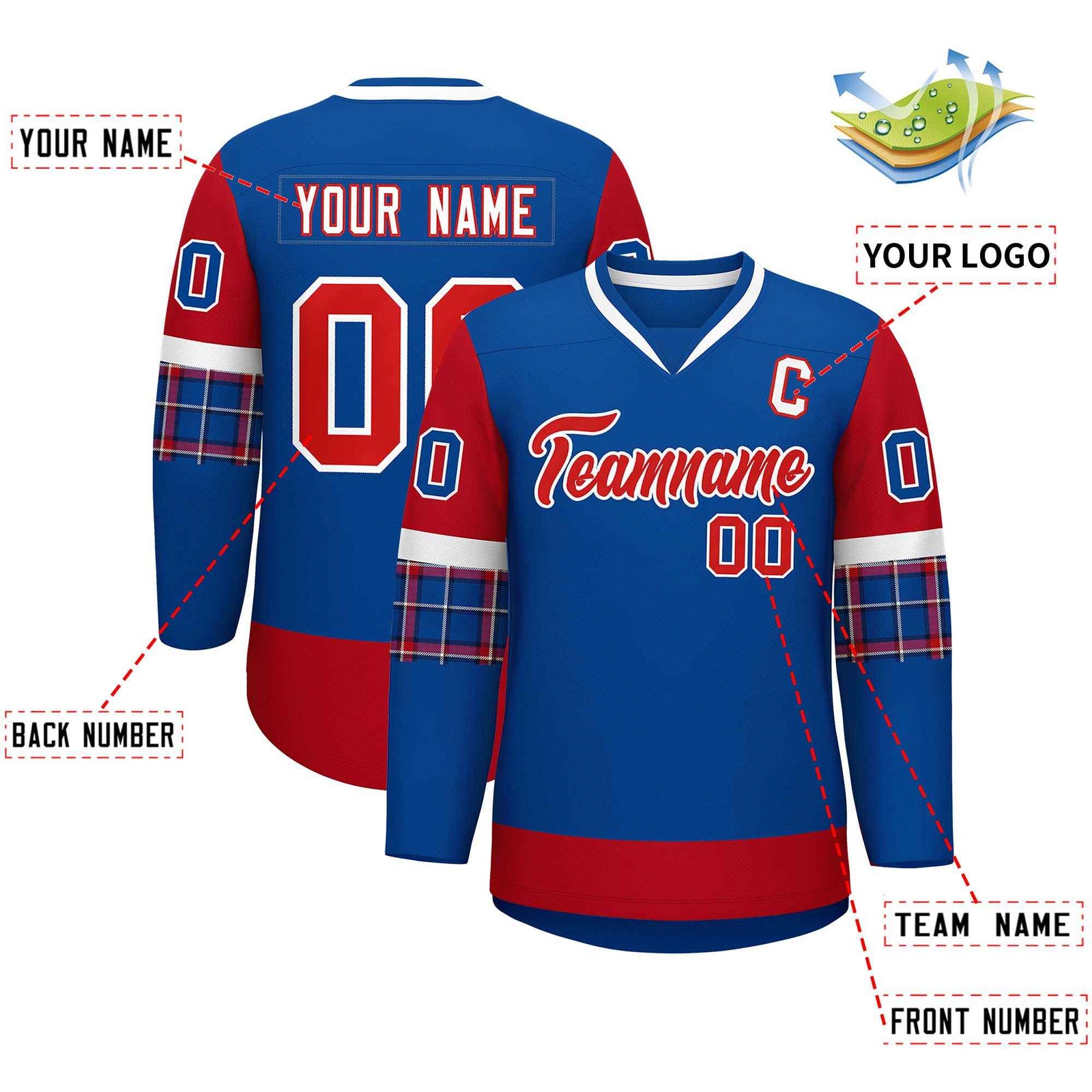 Custom Royal Red-Red Personalized Raglan Sleeves V-Neck Hockey Jersey
