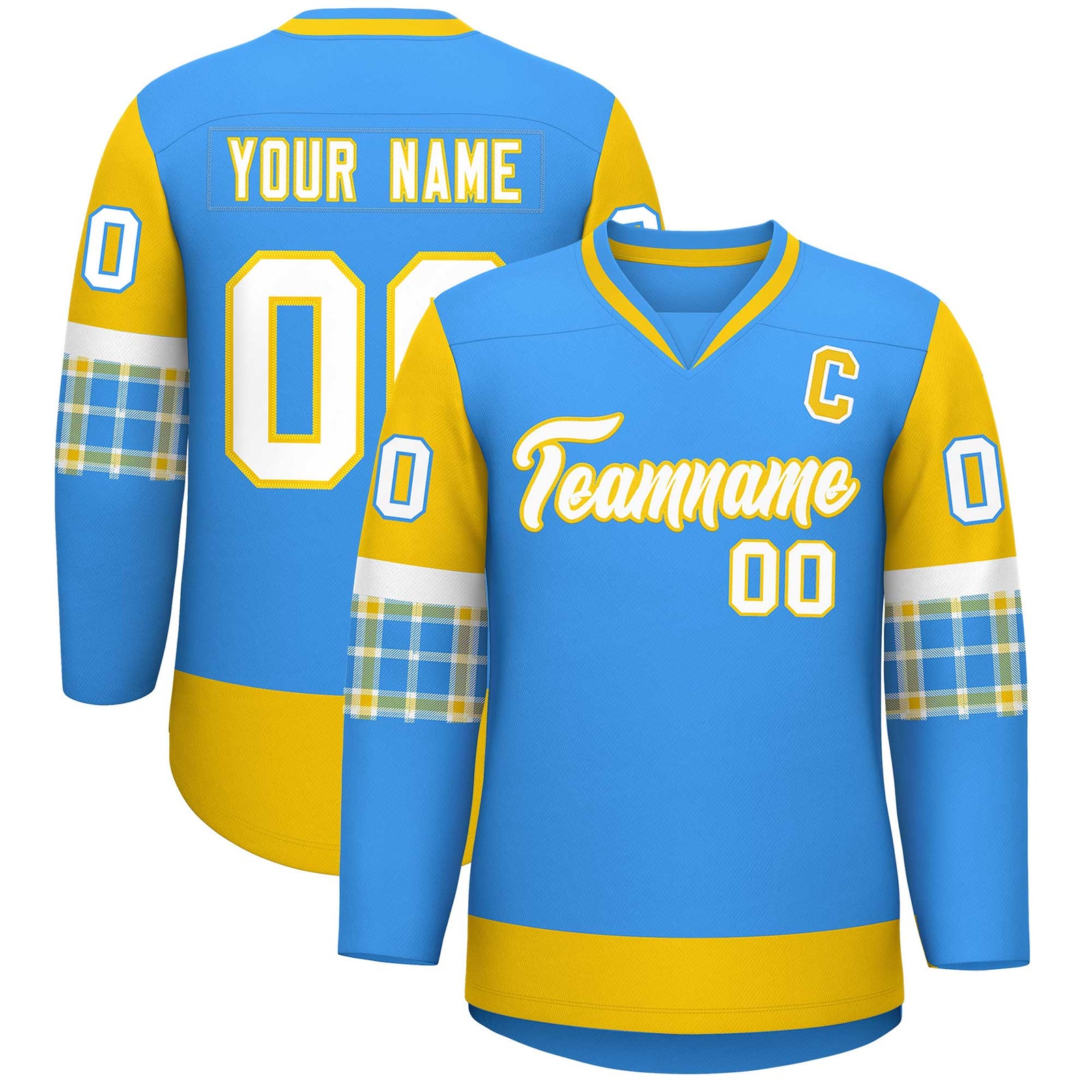 Custom Powder Blue Gold-White Personalized Raglan Sleeves V-Neck Hockey Jersey
