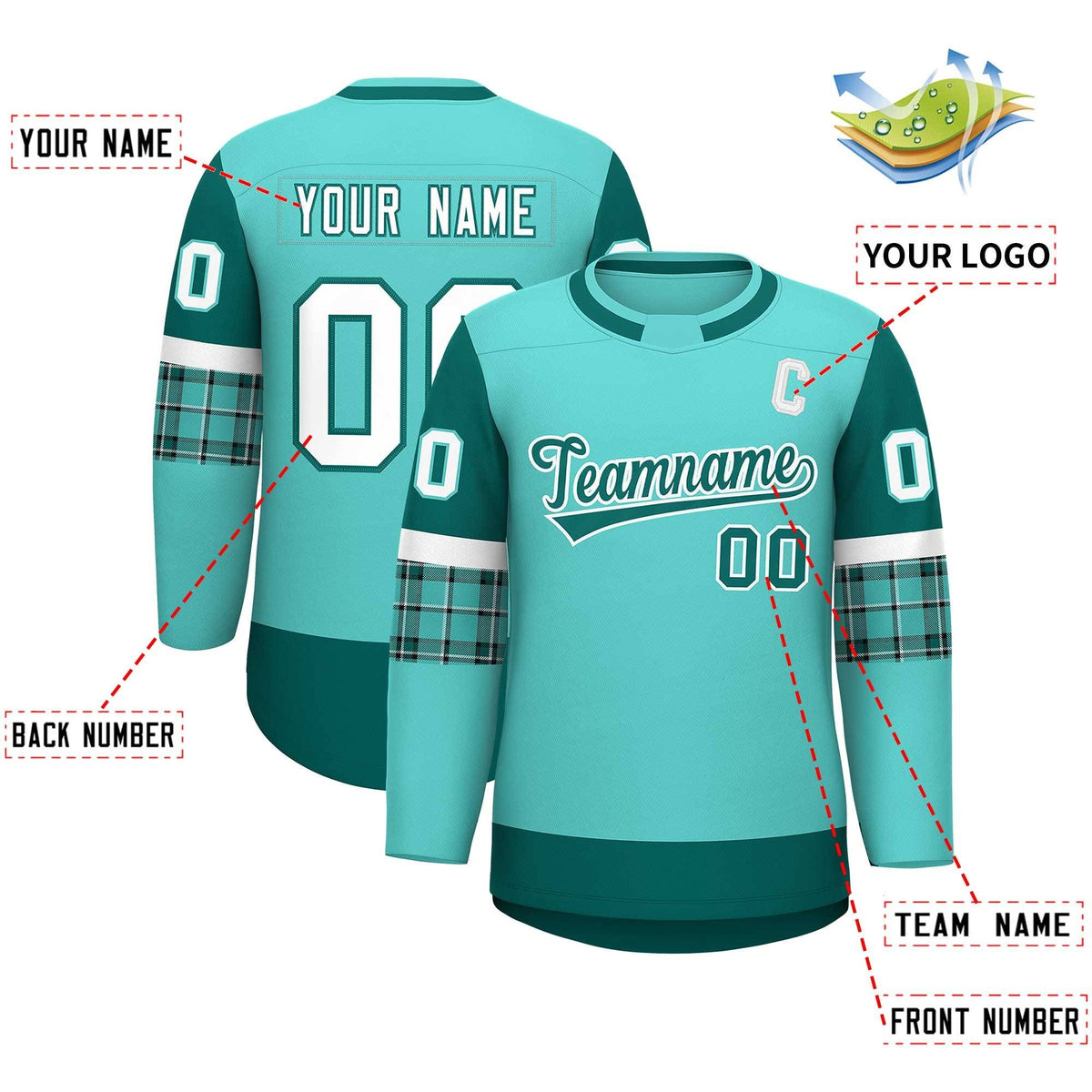 Custom Bright Green Aqua Personalized Raglan Sleeves Round-Neck Hockey Jersey