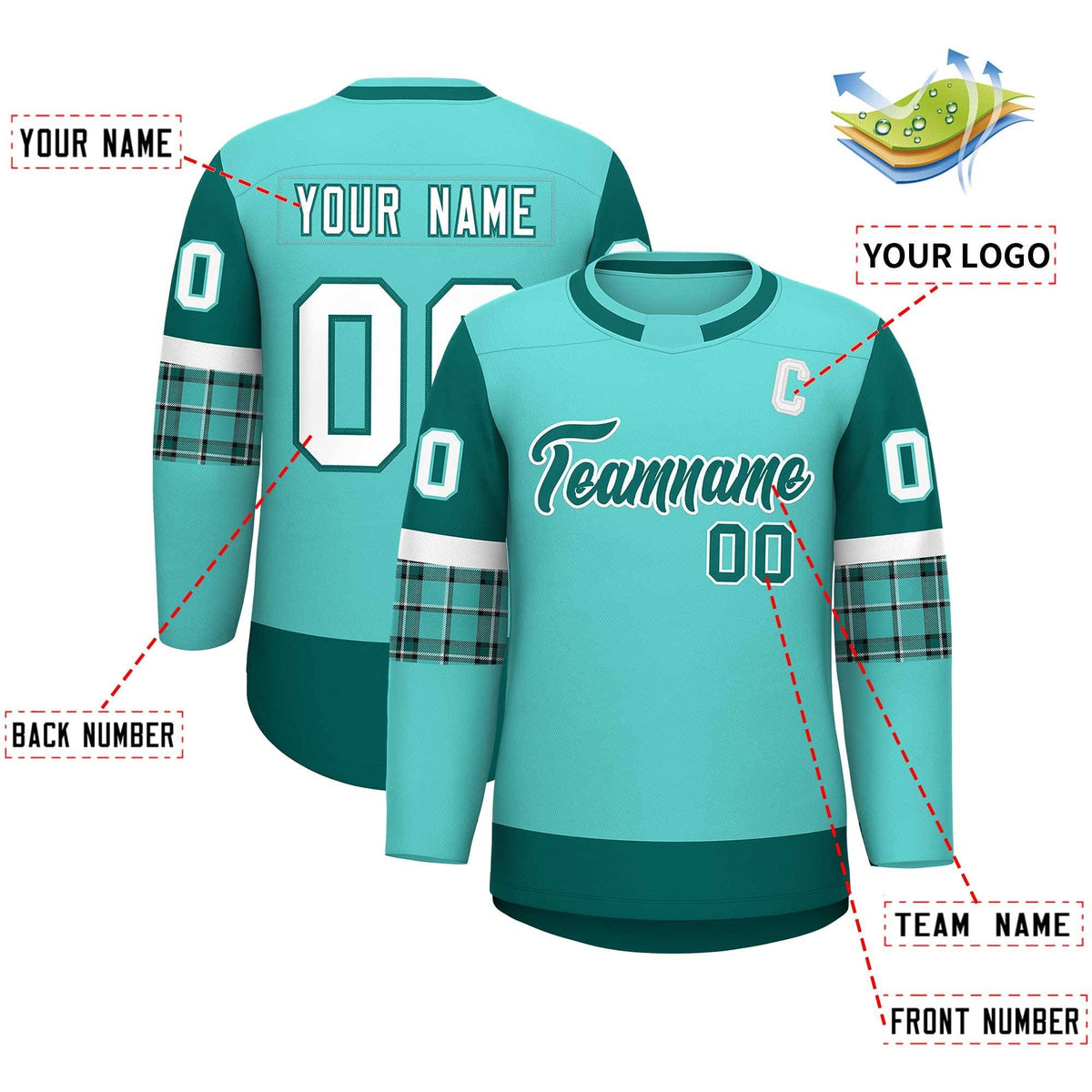 Custom Bright Green Aqua Personalized Raglan Sleeves Round-Neck Hockey Jersey