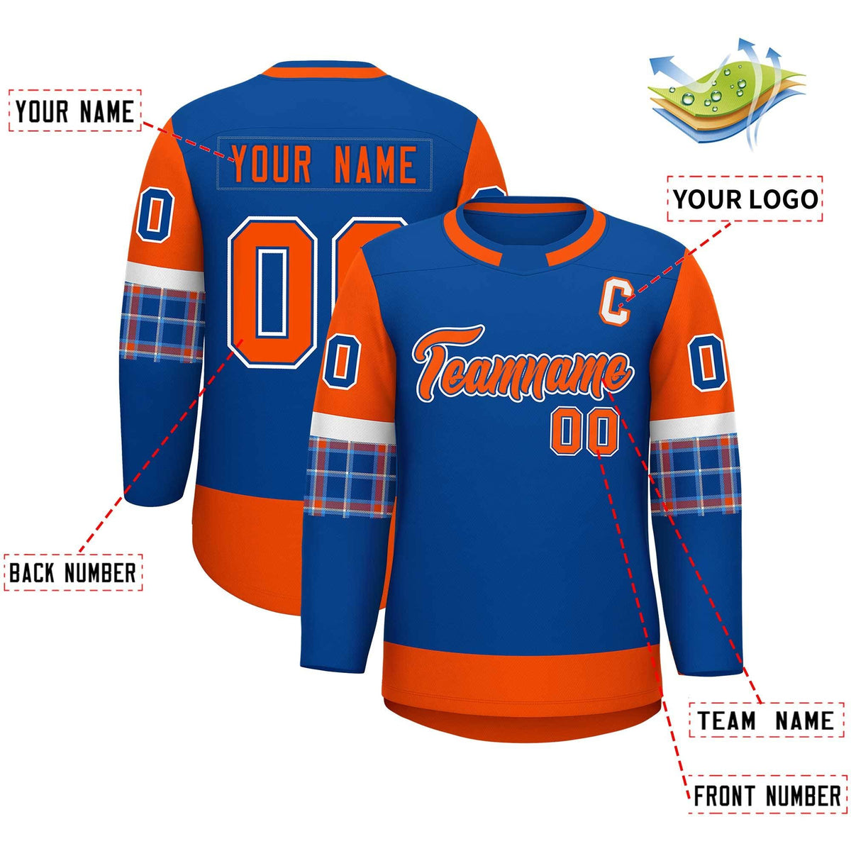 Custom Royal Orange Personalized Raglan Sleeves Round-Neck Hockey Jersey