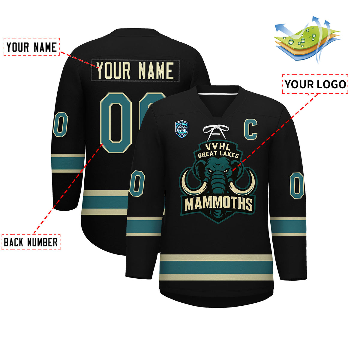 VVHL S9 Great Lakes Mammoths Black Teal Hockey Jersey