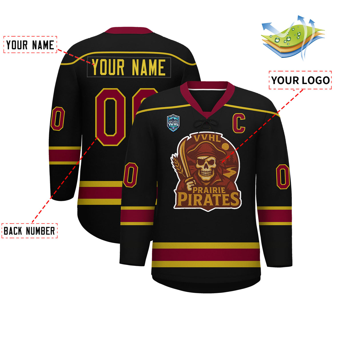 VVHL S9 Prairie Pirates White Black Hockey Jersey