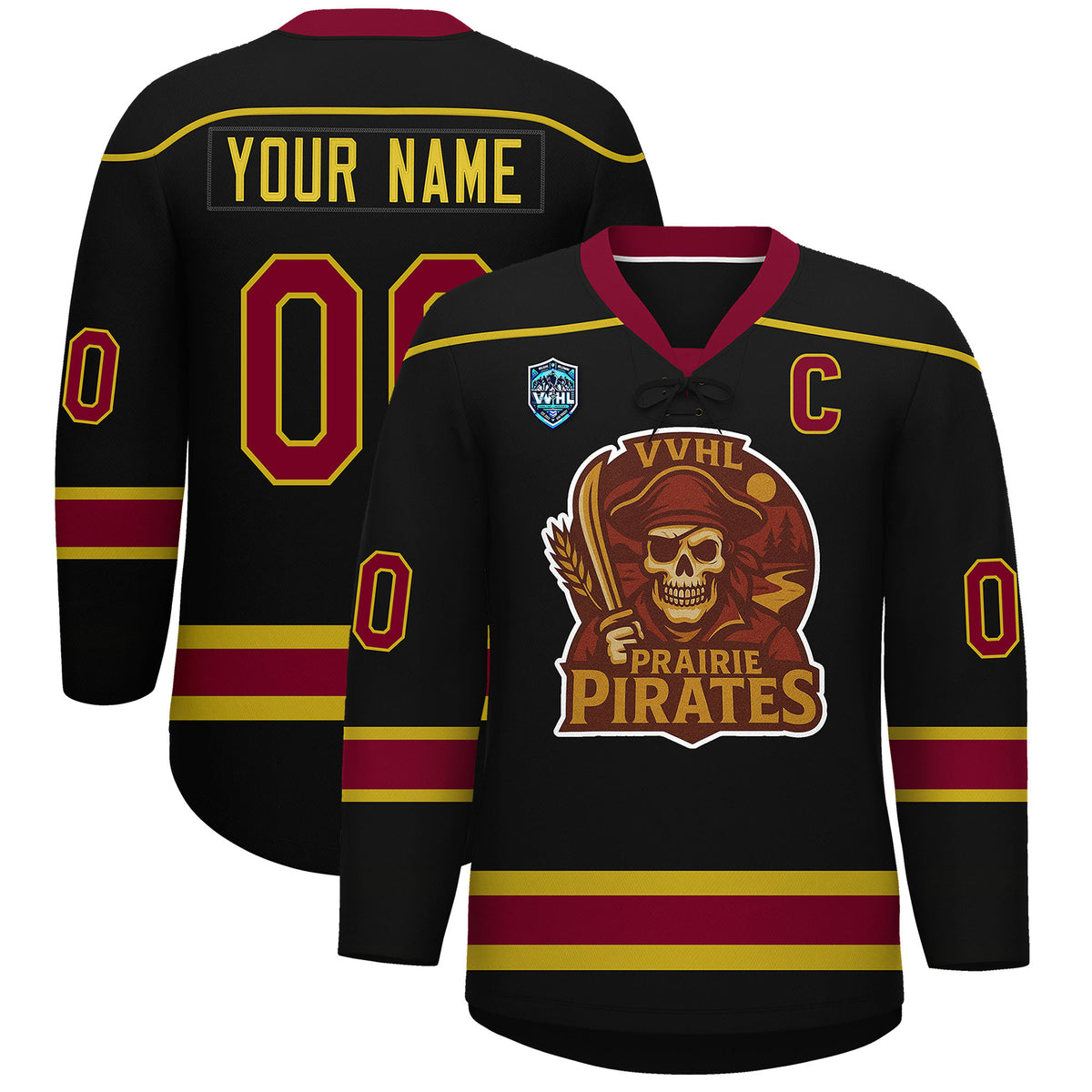 VVHL S9 Prairie Pirates White Black Hockey Jersey