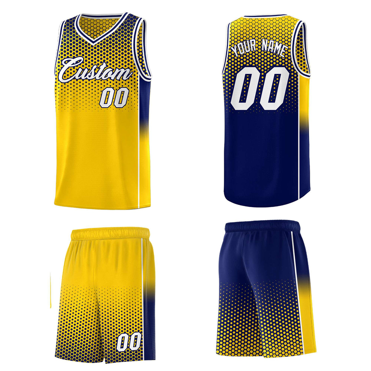 Custom Gold Navy Reversible Side Gradient Sports Uniform Dot Pattern Basketball Jersey Kits