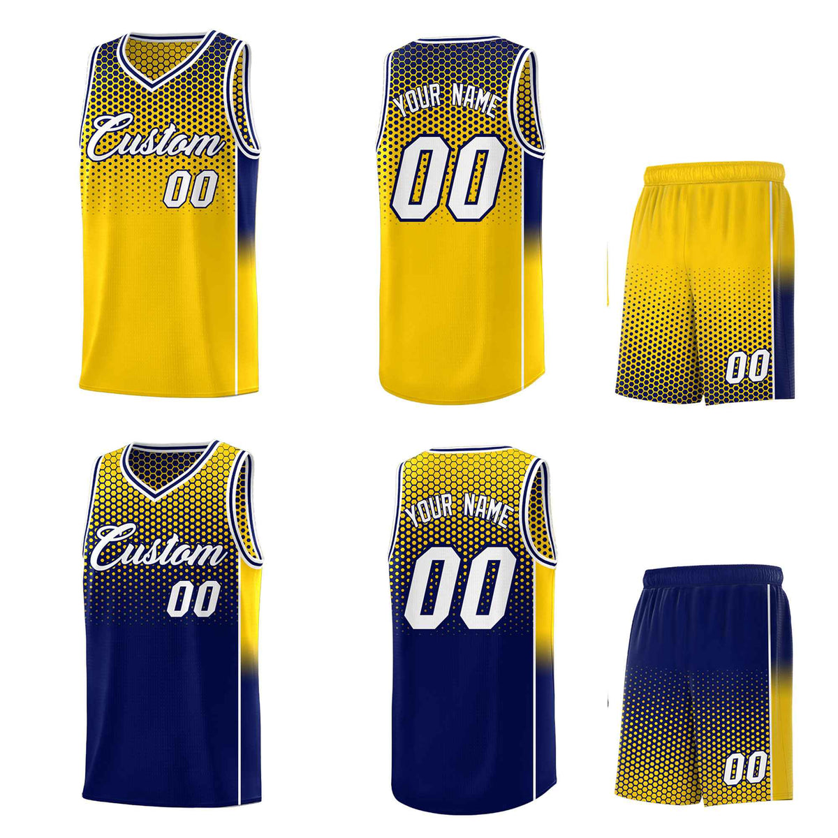 Custom Gold Navy Reversible Side Gradient Sports Uniform Dot Pattern Basketball Jersey Kits