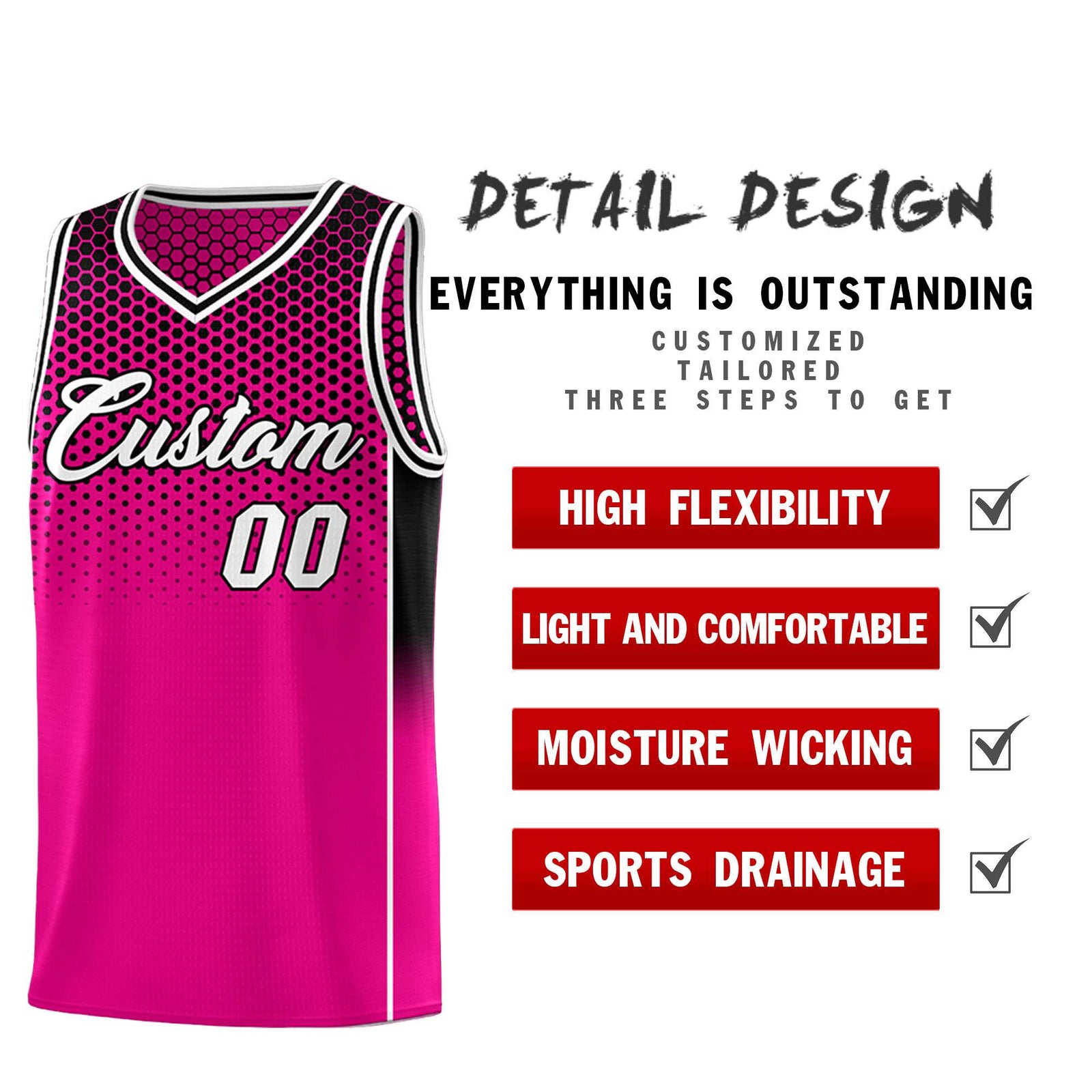 Custom Rose Red Black Reversible Side Gradient Sports Uniform Dot Pattern Basketball Jersey Kits