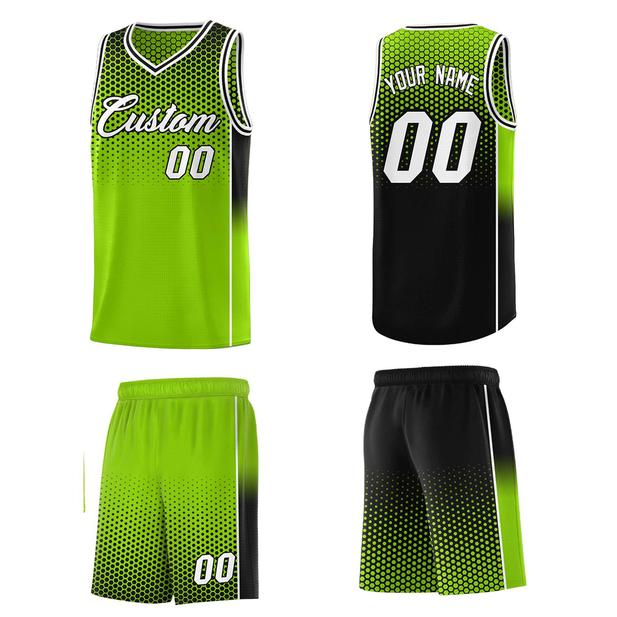 Custom Neon Green Black Reversible Side Gradient Sports Uniform Dot Pattern Basketball Jersey Kits