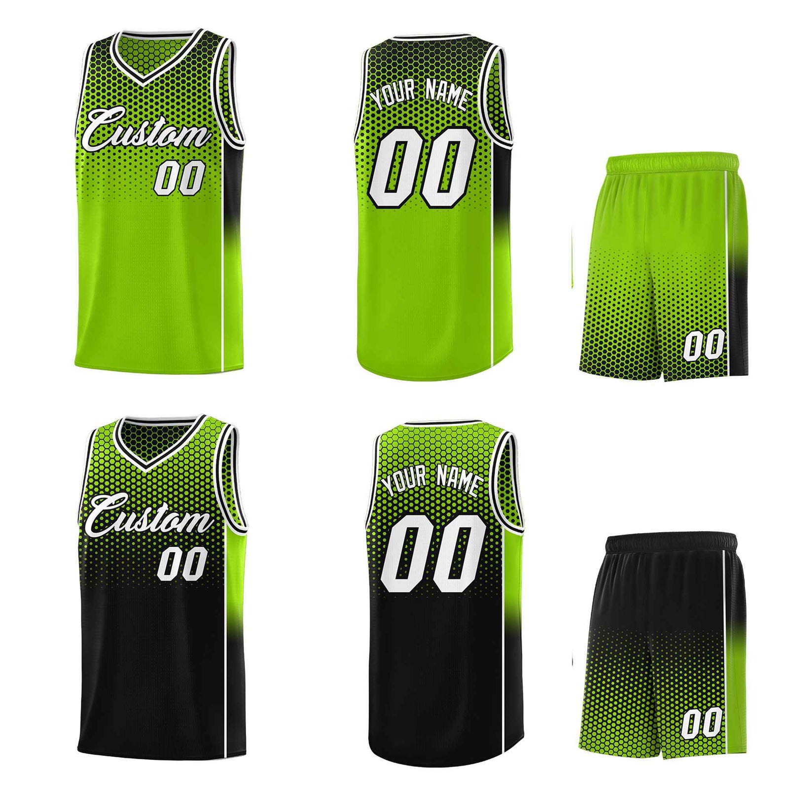 Custom Neon Green Black Reversible Side Gradient Sports Uniform Dot Pattern Basketball Jersey Kits