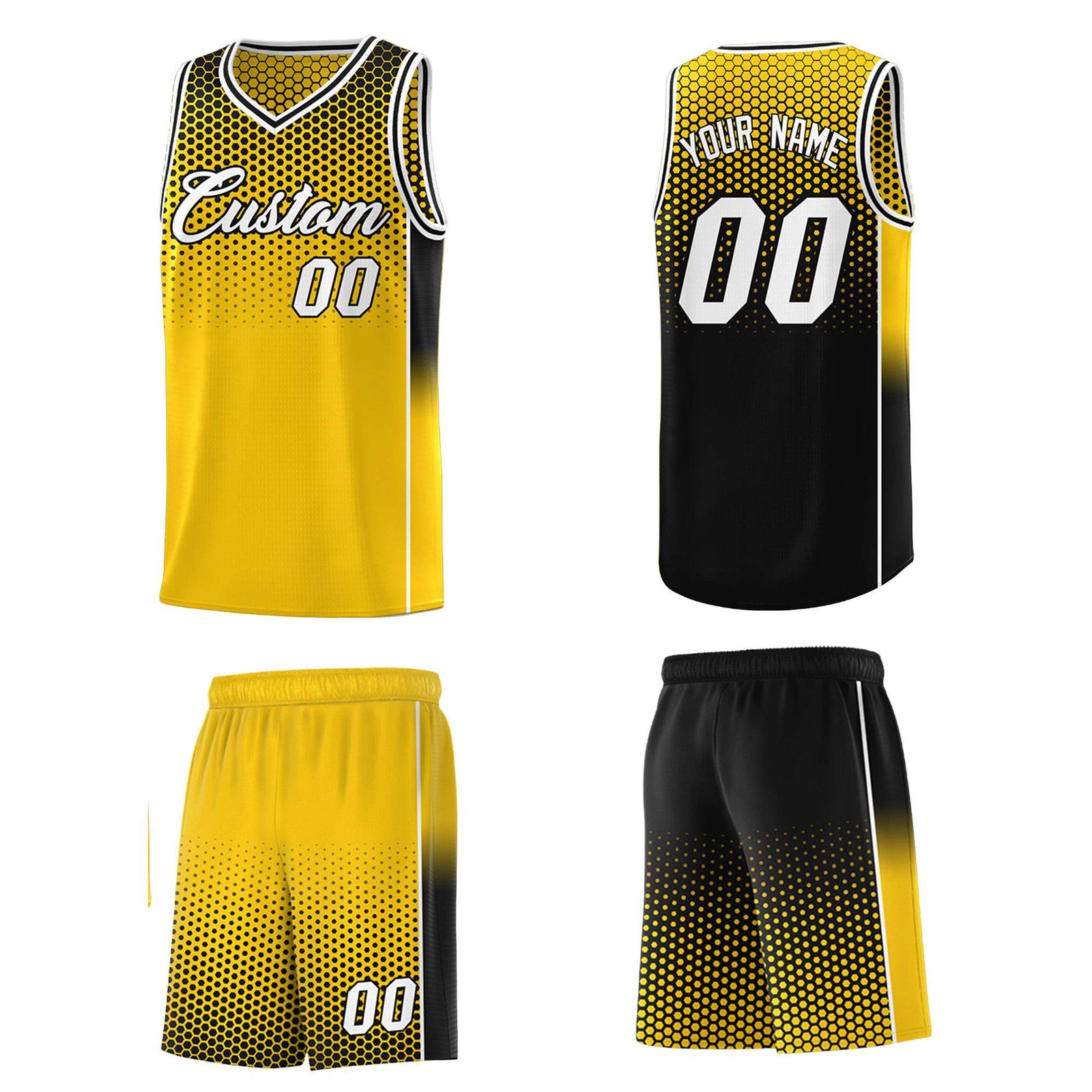 Custom Gold Black Reversible Side Gradient Sports Uniform Dot Pattern Basketball Jersey Kits