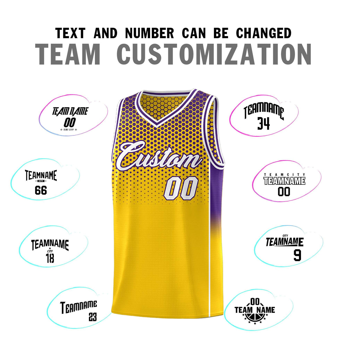 Custom Gold Purple Reversible Side Gradient Sports Uniform Dot Pattern Basketball Jersey Kits