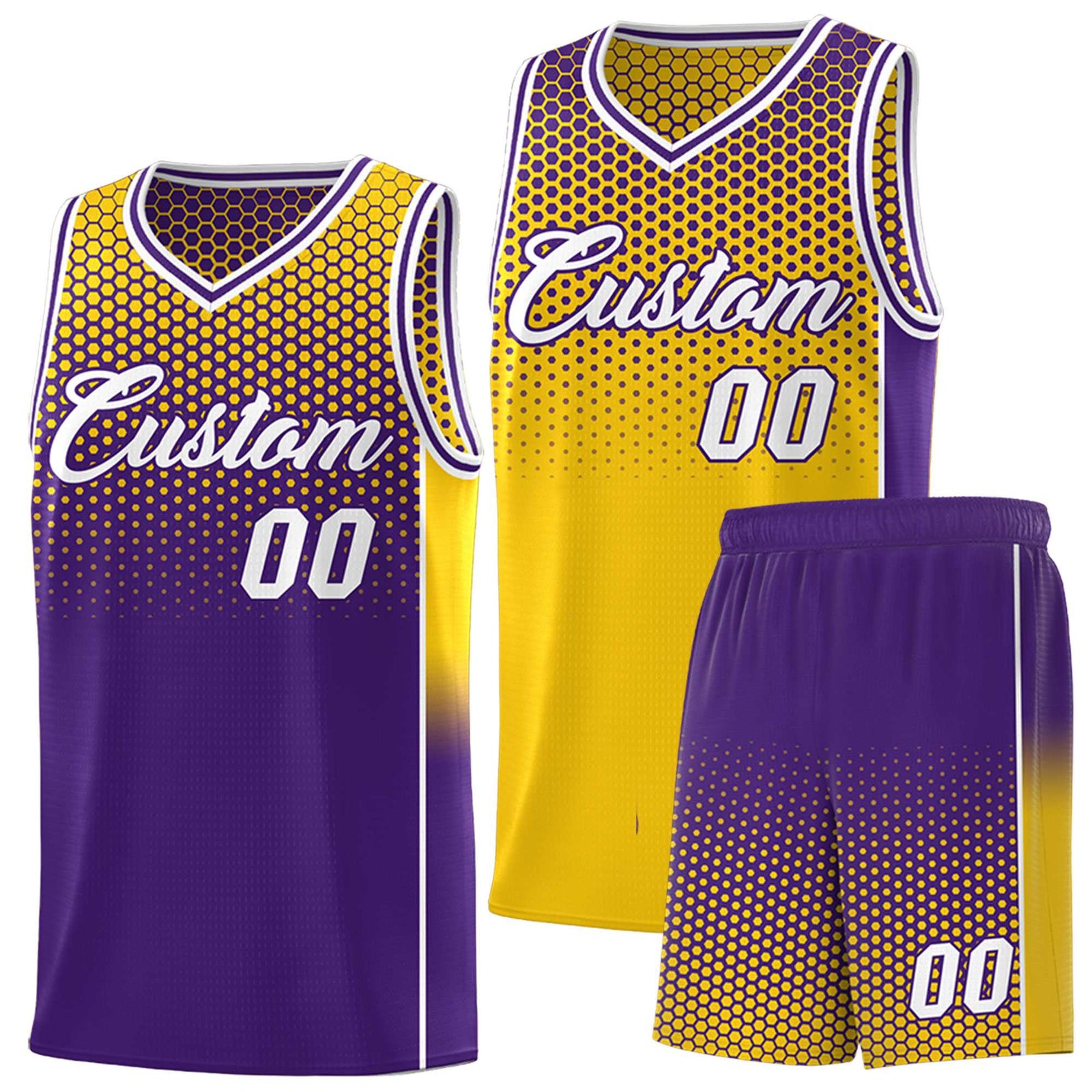Custom Gold Purple Reversible Side Gradient Sports Uniform Dot Pattern Basketball Jersey Kits