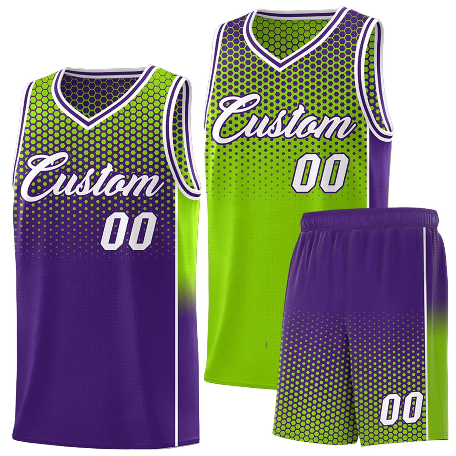 Custom Neon Green Purple Reversible Side Gradient Sports Uniform Dot Pattern Basketball Jersey Kits
