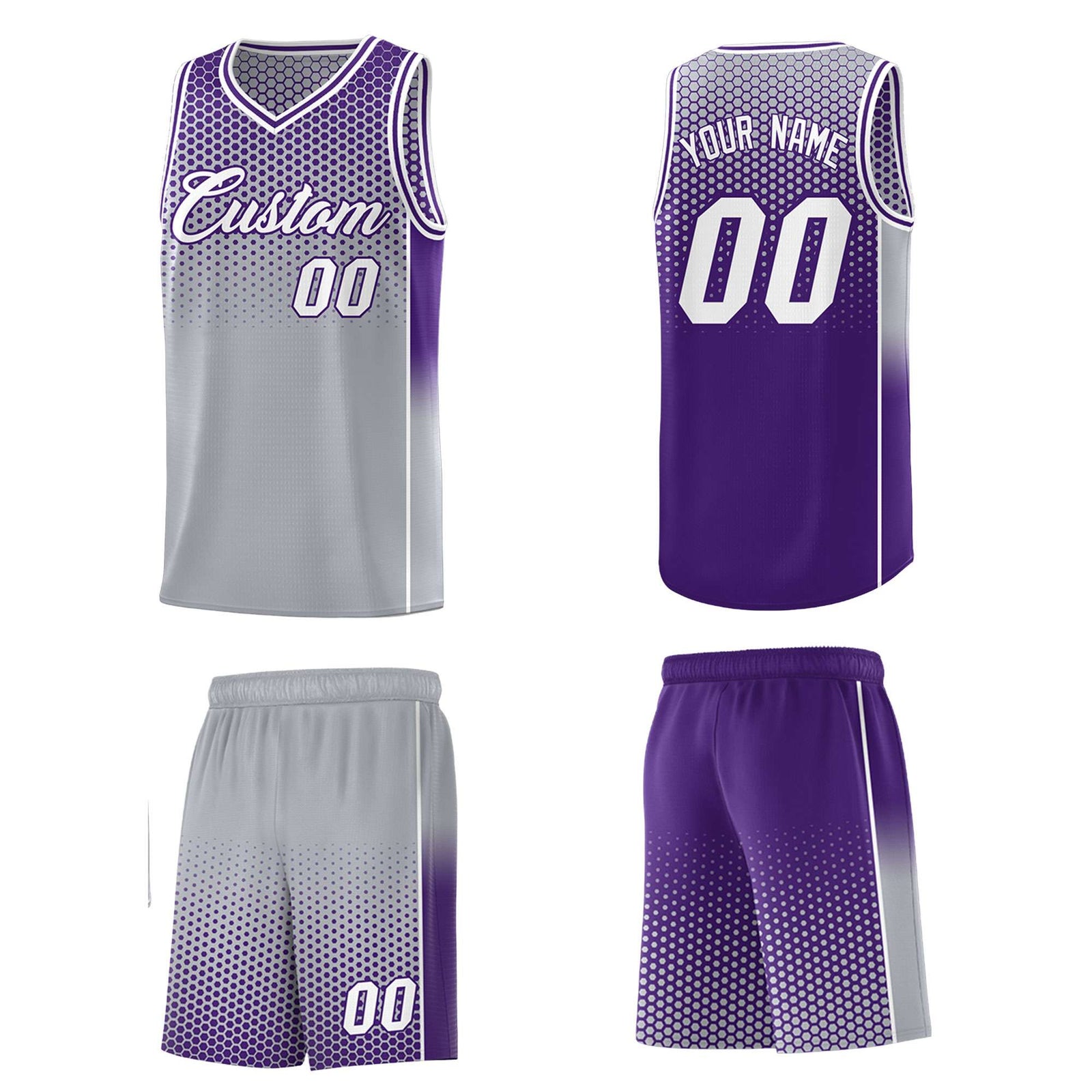 Custom Gray Purple Reversible Side Gradient Sports Uniform Dot Pattern Basketball Jersey Kits
