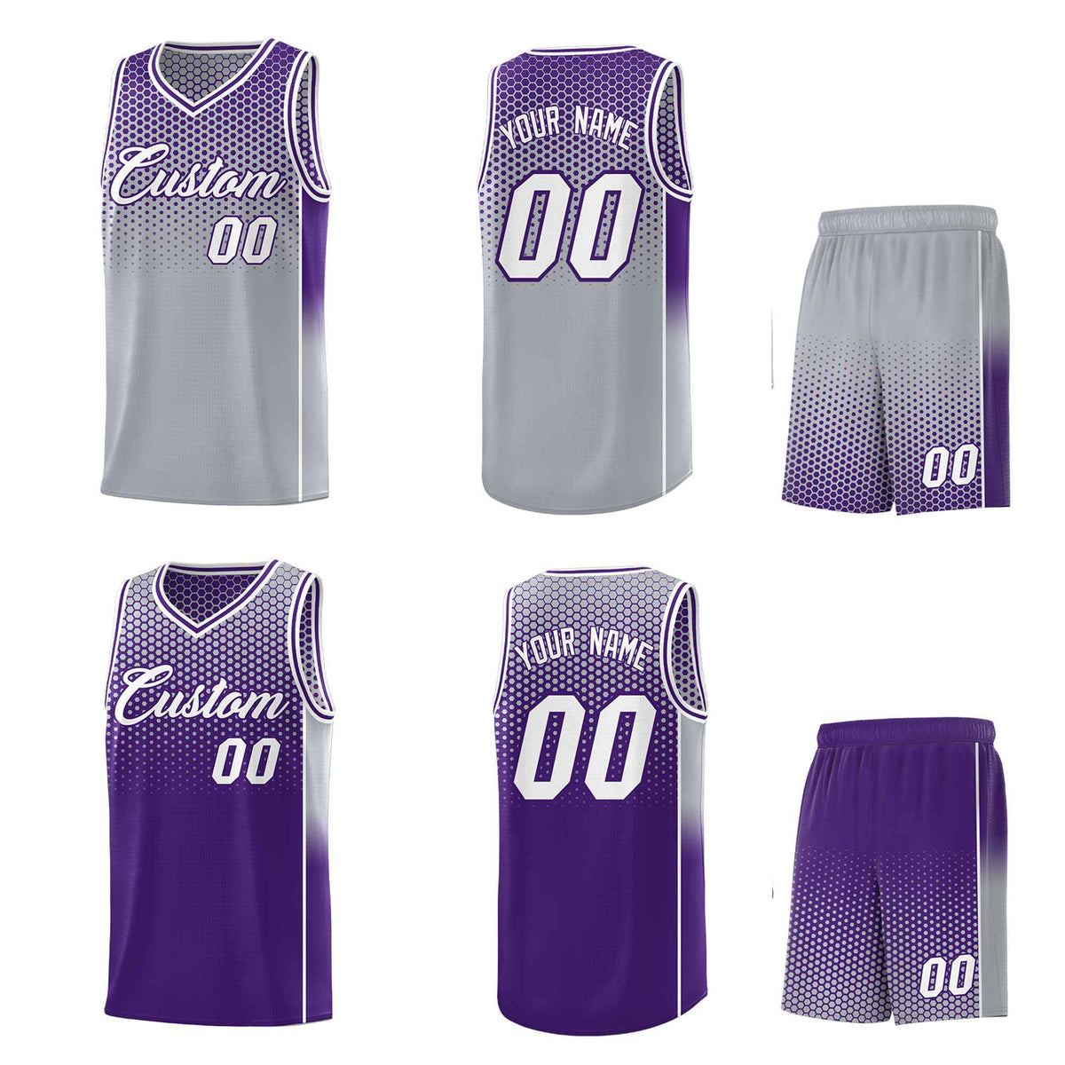Custom Gray Purple Reversible Side Gradient Sports Uniform Dot Pattern Basketball Jersey Kits