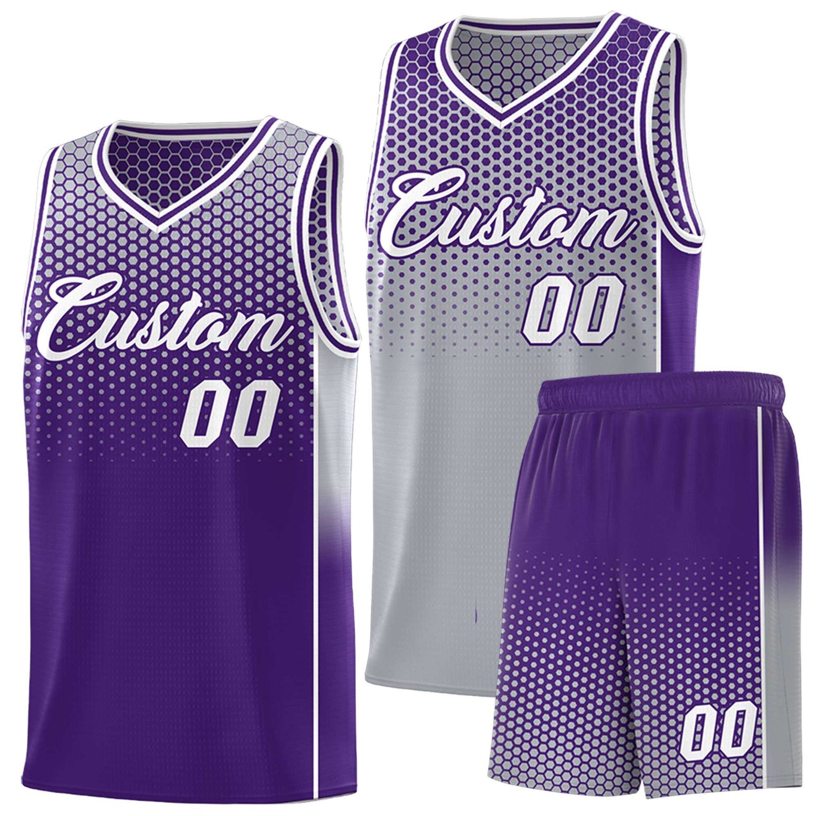 Custom Gray Purple Reversible Side Gradient Sports Uniform Dot Pattern Basketball Jersey Kits