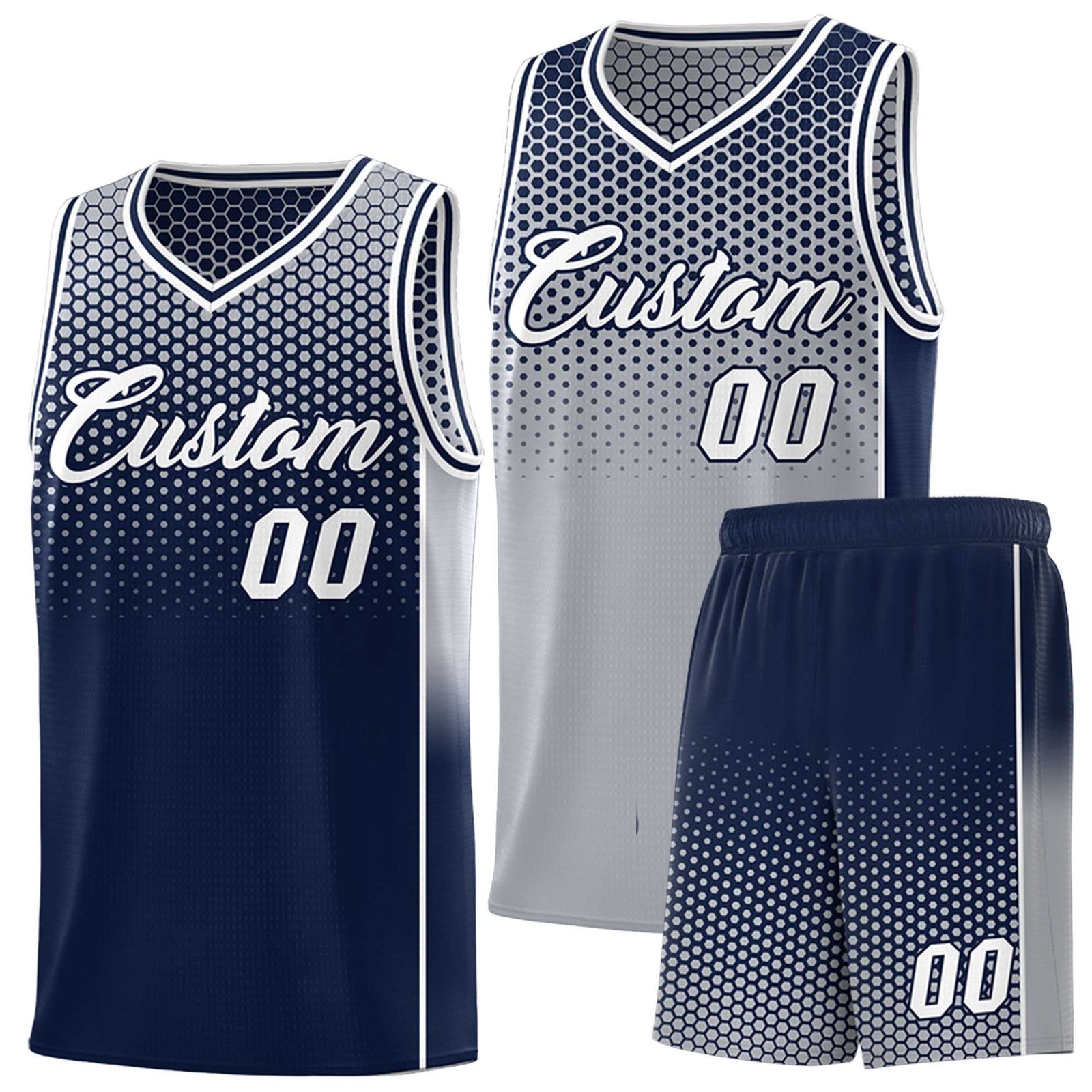 Custom Gray Navy Reversible Side Gradient Sports Uniform Dot Pattern Basketball Jersey Kits