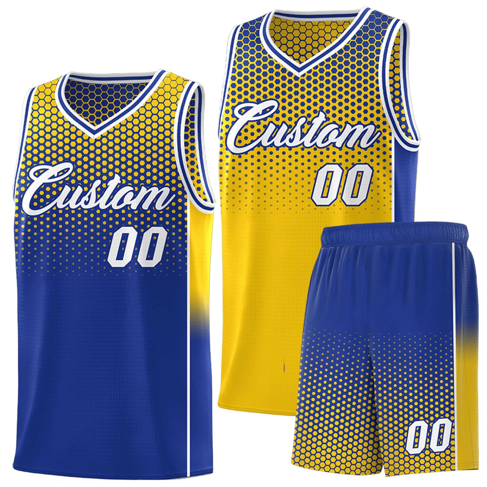 Custom Gold Royal Reversible Side Gradient Sports Uniform Dot Pattern Basketball Jersey Kits