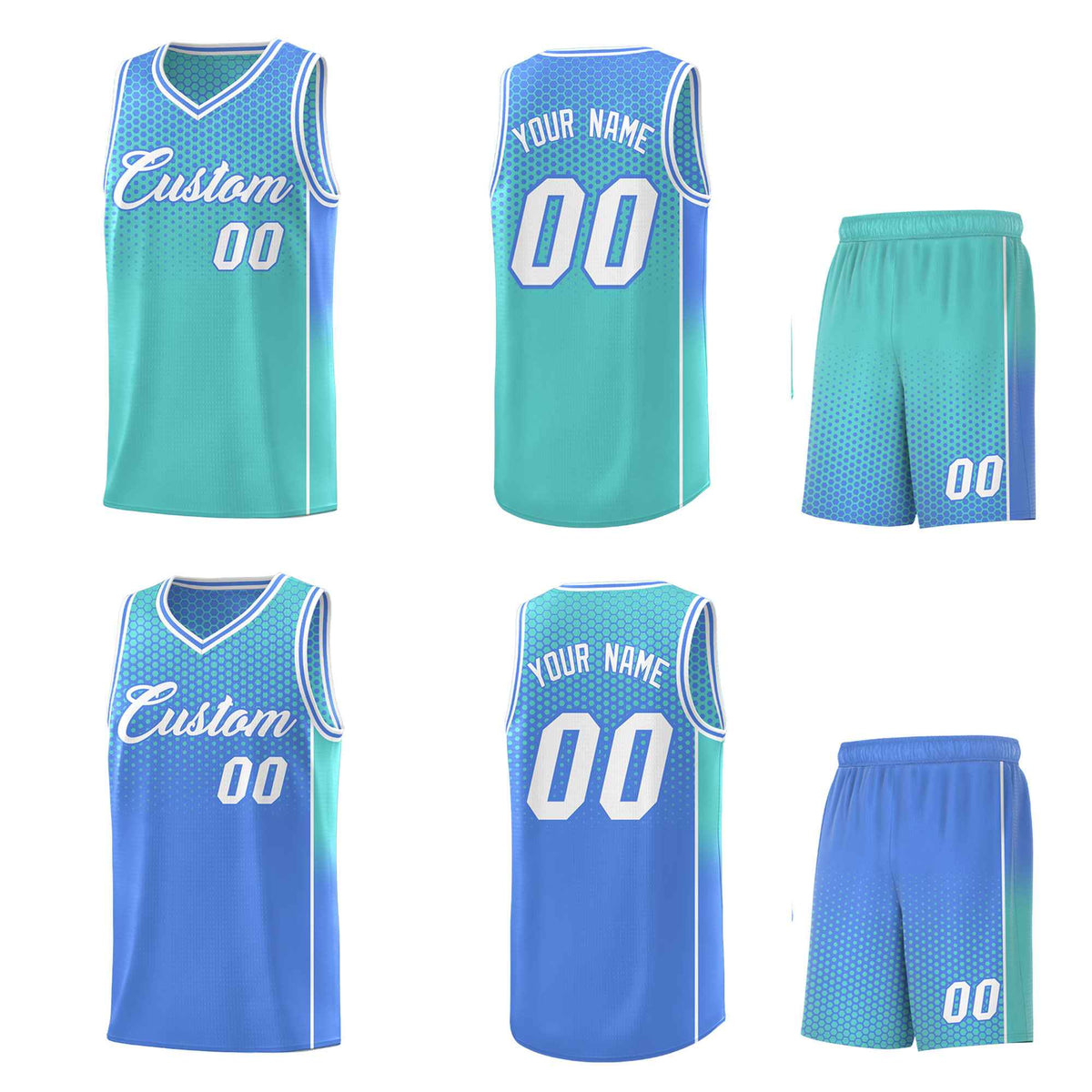 Custom Bright Green Light Blue Reversible Side Gradient Sports Uniform Dot Pattern Basketball Jersey Kits