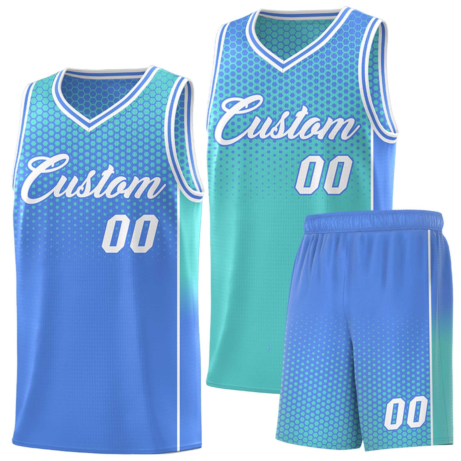 Custom Bright Green Light Blue Reversible Side Gradient Sports Uniform Dot Pattern Basketball Jersey Kits