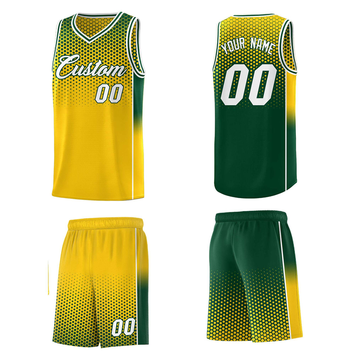 Custom Gold Green Reversible Side Gradient Sports Uniform Dot Pattern Basketball Jersey Kits