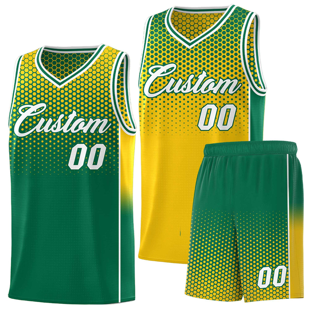 Custom Gold Kelly Green Reversible Side Gradient Sports Uniform Dot Pattern Basketball Jersey Kits