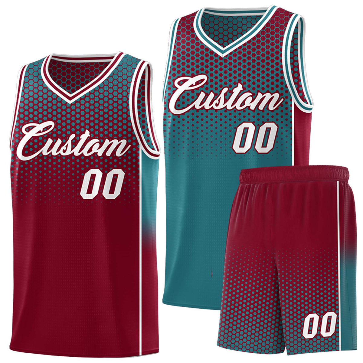 Custom Teal Crimson Reversible Side Gradient Sports Uniform Dot Pattern Basketball Jersey Kits