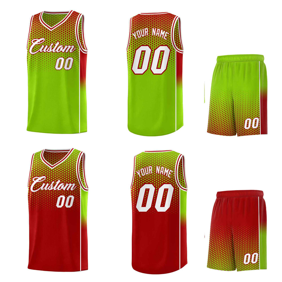 Custom Neon Green Red Reversible Side Gradient Sports Uniform Dot Pattern Basketball Jersey Kits