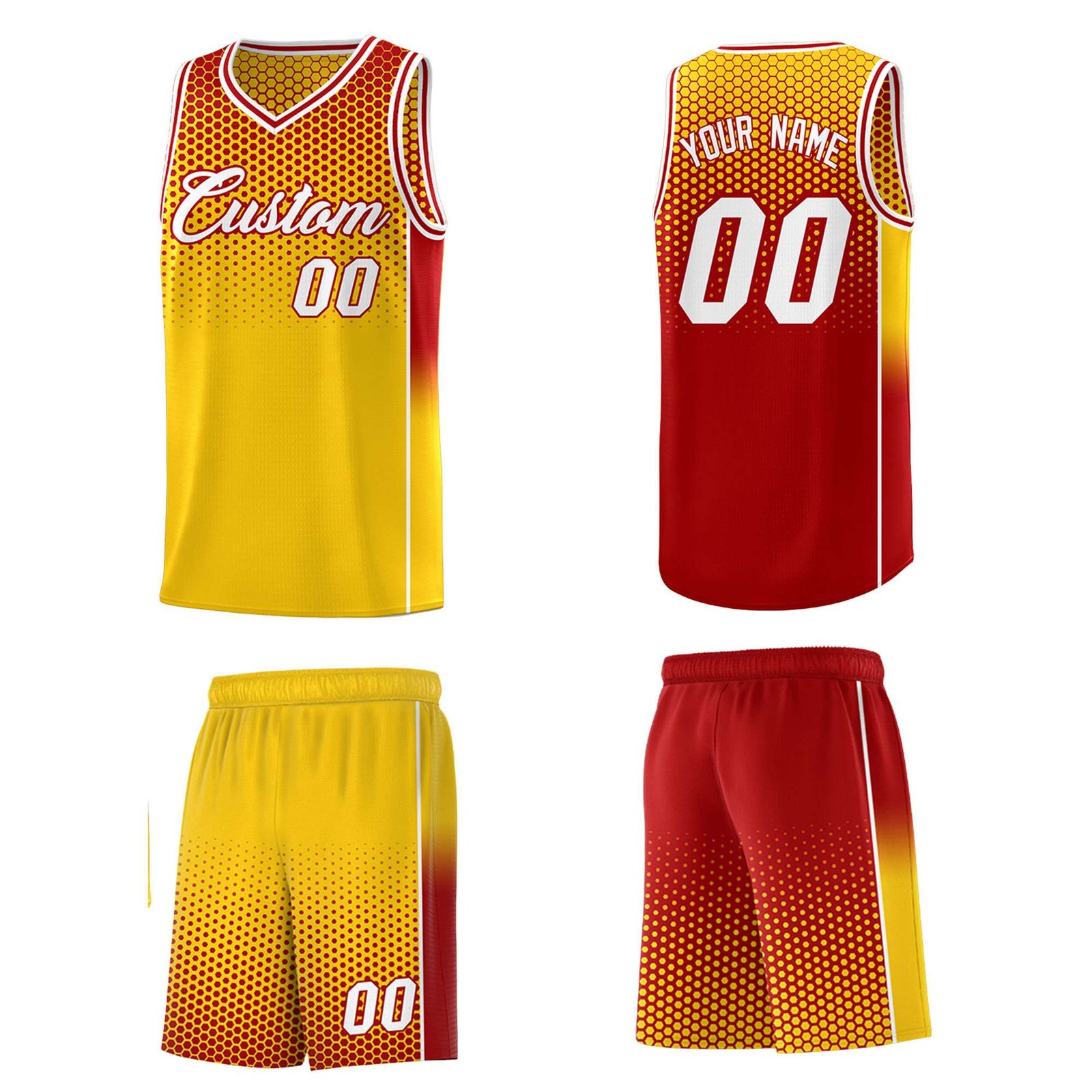 Custom Gold Red Reversible Side Gradient Sports Uniform Dot Pattern Basketball Jersey Kits