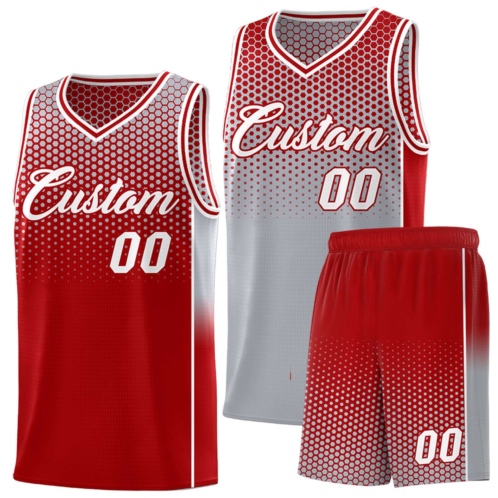 Custom Gray Red Reversible Side Gradient Sports Uniform Dot Pattern Basketball Jersey Kits
