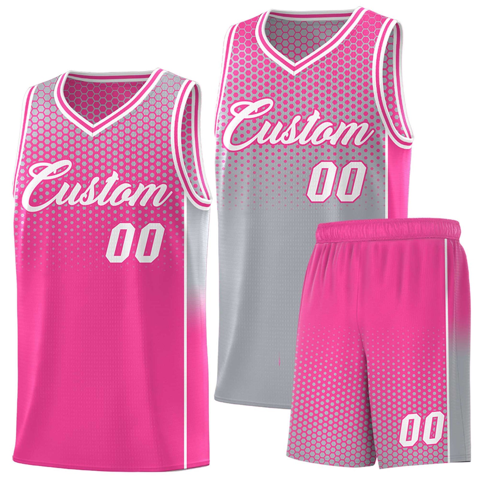 Custom Gray Pink Reversible Side Gradient Sports Uniform Dot Pattern Basketball Jersey Kits
