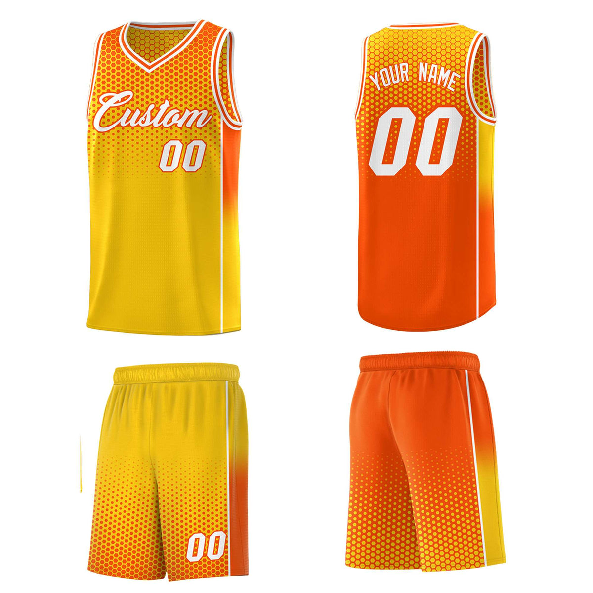 Custom Gold Orange Reversible Side Gradient Sports Uniform Dot Pattern Basketball Jersey Kits