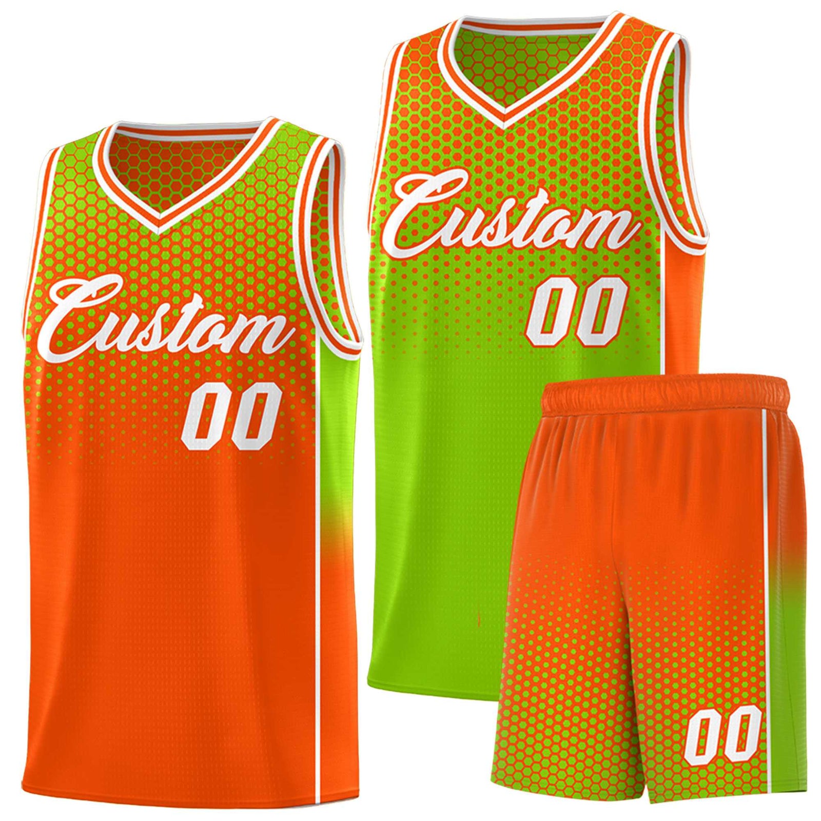 Custom Neon Green Orange Reversible Side Gradient Sports Uniform Dot Pattern Basketball Jersey Kits