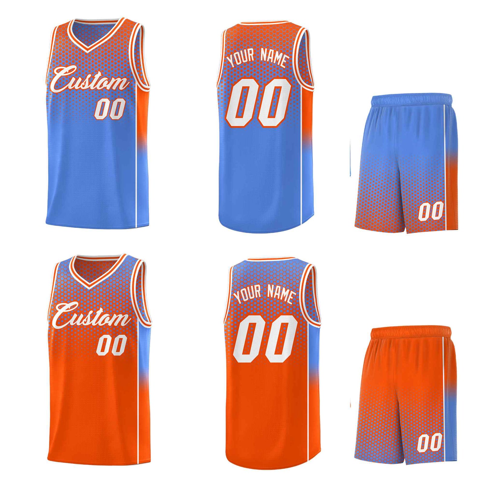 Custom Light Blue Orange Reversible Side Gradient Sports Uniform Dot Pattern Basketball Jersey Kits