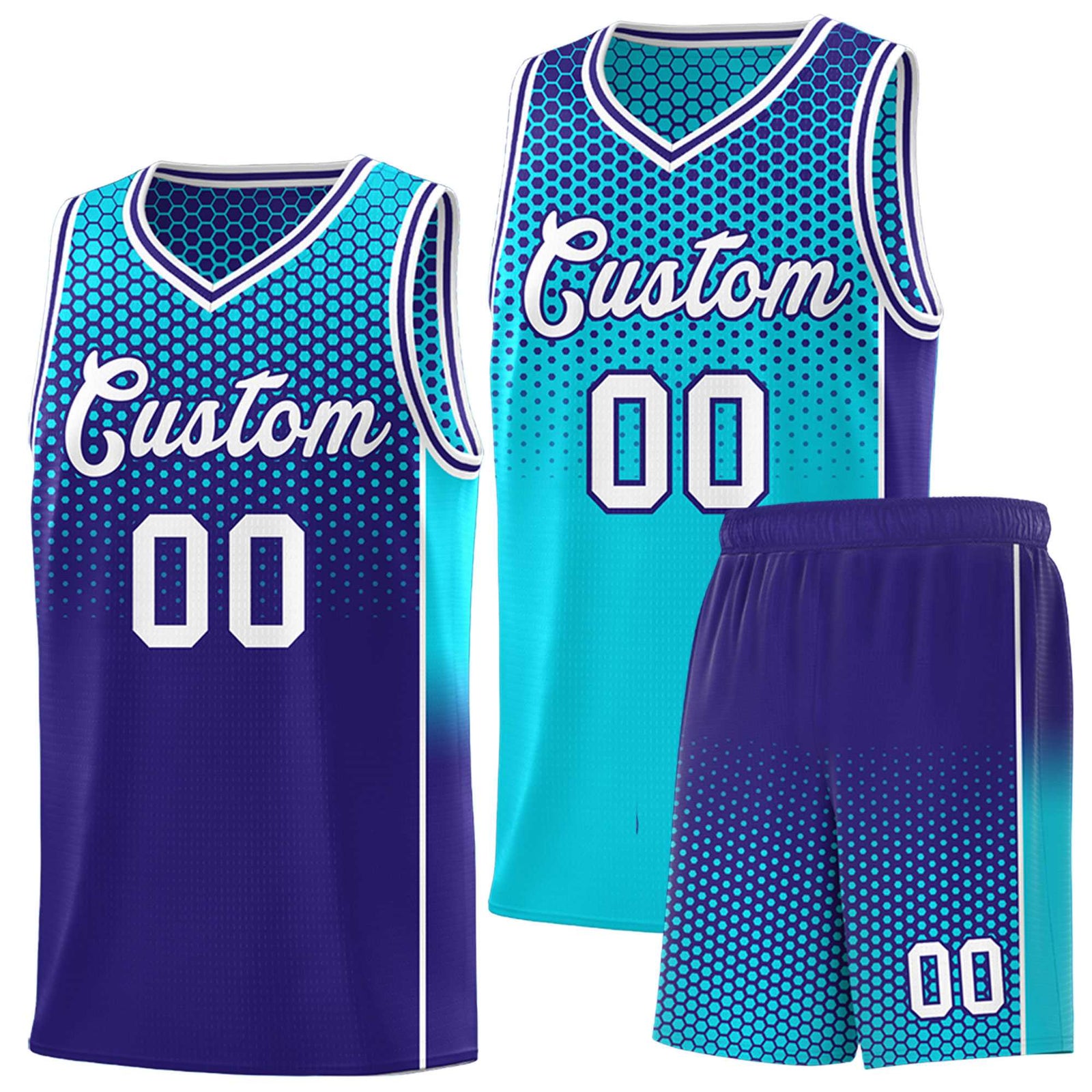 Custom Sky Blue Navy Reversible Side Gradient Sports Uniform Dot Pattern Basketball Jersey Kits