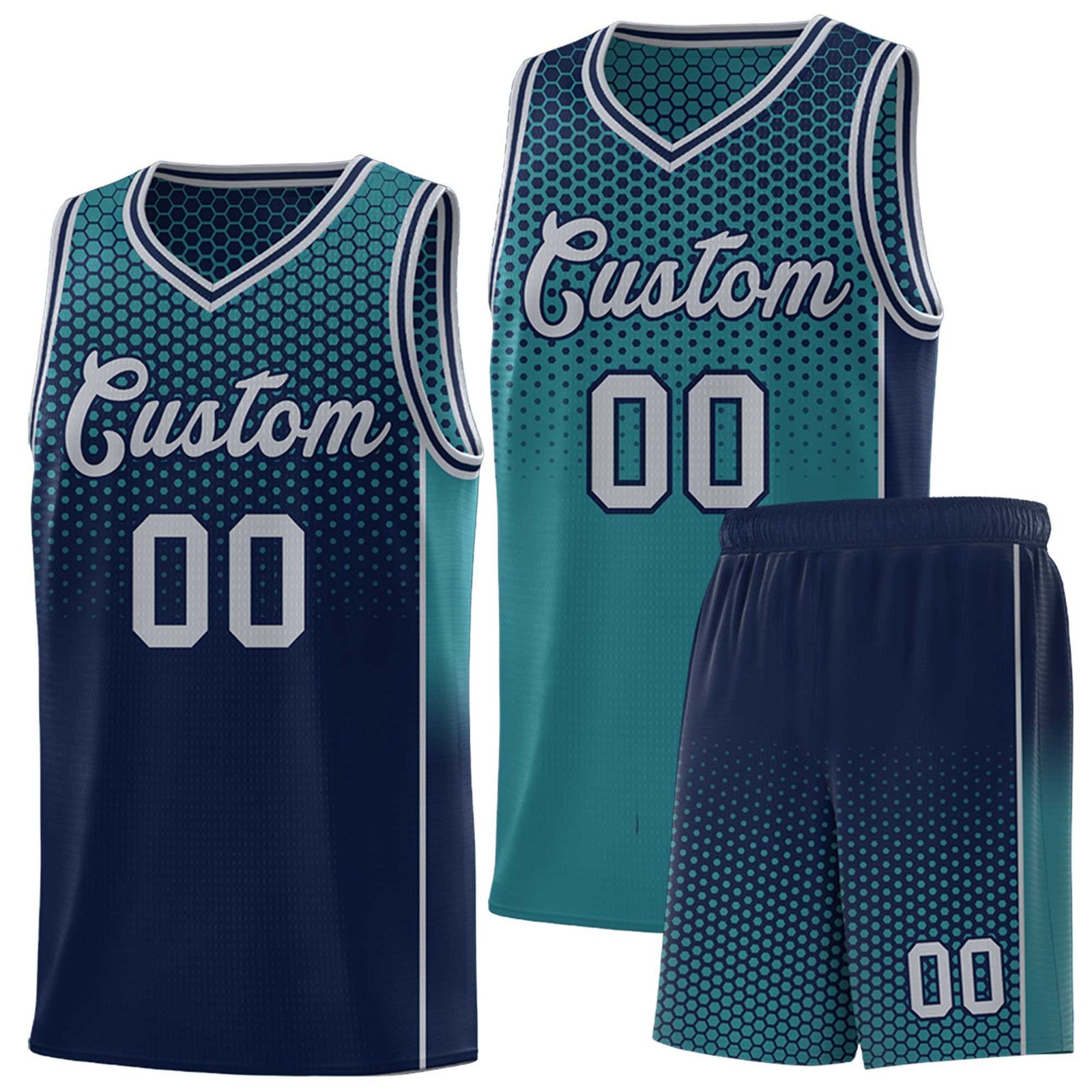 Custom Aqua Navy Reversible Side Gradient Sports Uniform Dot Pattern Basketball Jersey Kits