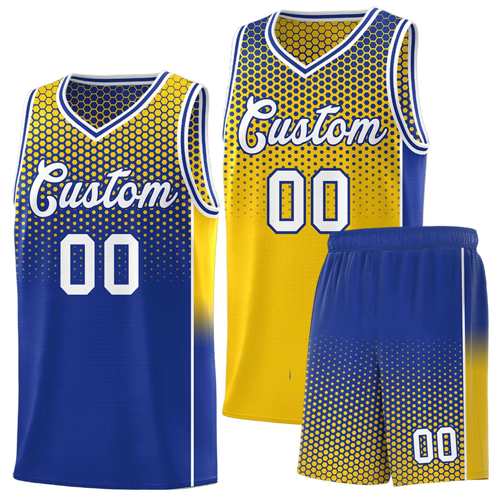 Custom Gold Royal Reversible Side Gradient Sports Uniform Dot Pattern Basketball Jersey Kits
