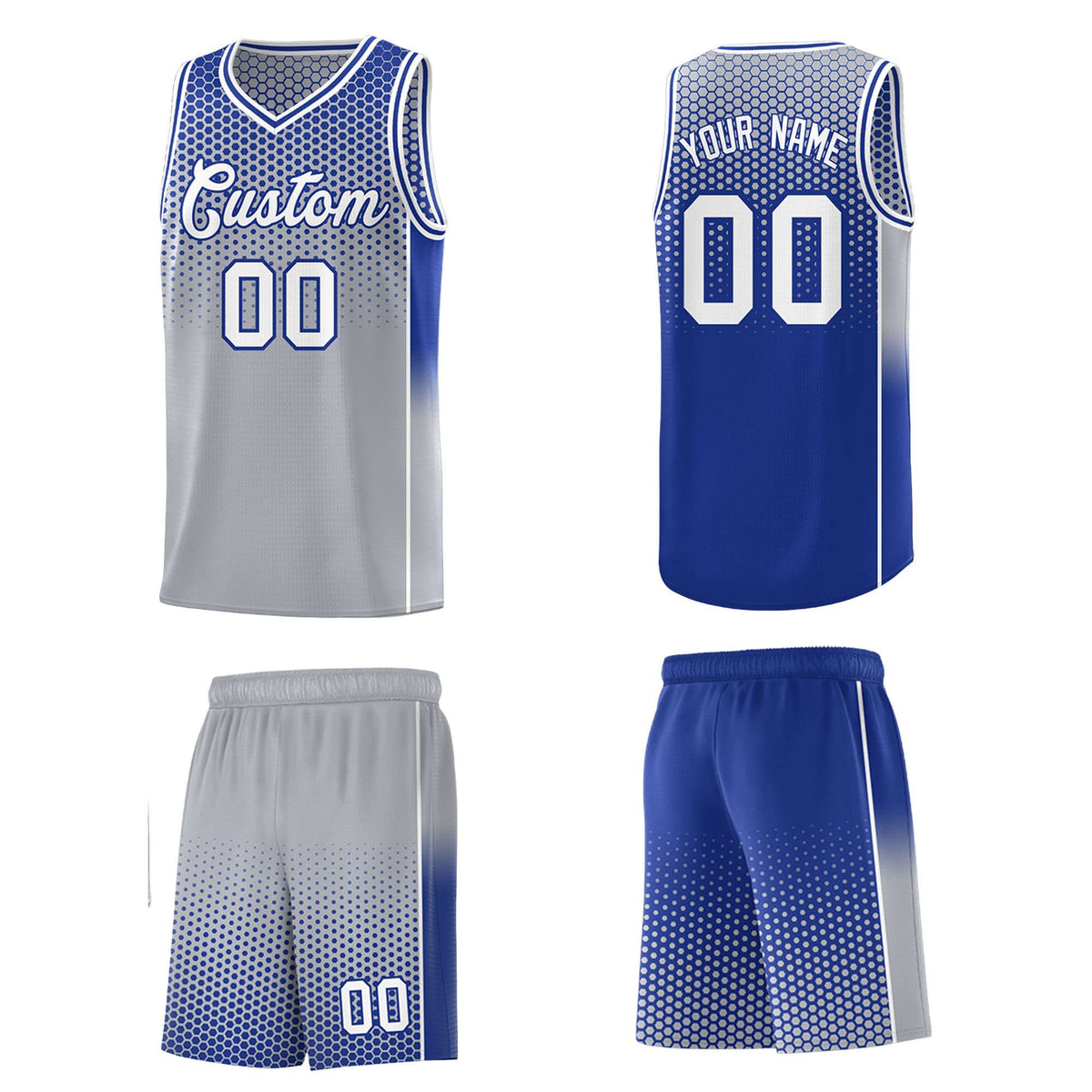 Custom Gray Royal Reversible Side Gradient Sports Uniform Dot Pattern Basketball Jersey Kits