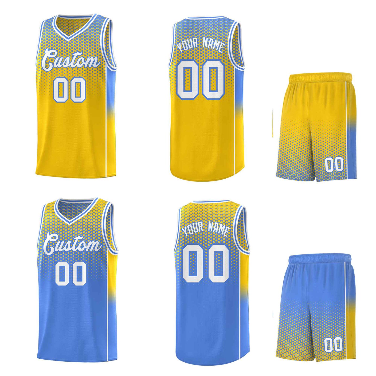 Custom Gold Light Blue Reversible Side Gradient Sports Uniform Dot Pattern Basketball Jersey Kits