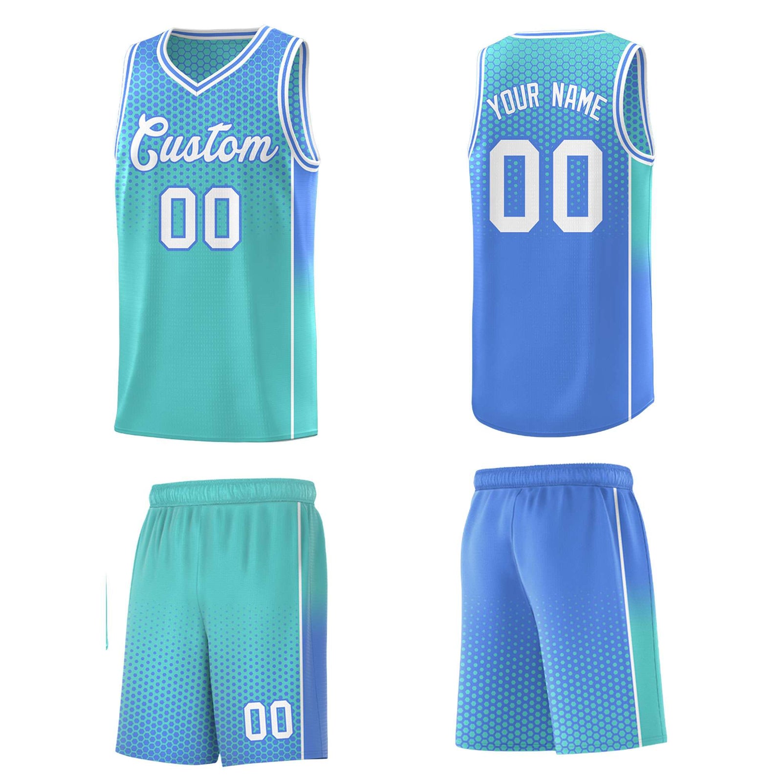 Custom Bright Green Light Blue Reversible Side Gradient Sports Uniform Dot Pattern Basketball Jersey Kits