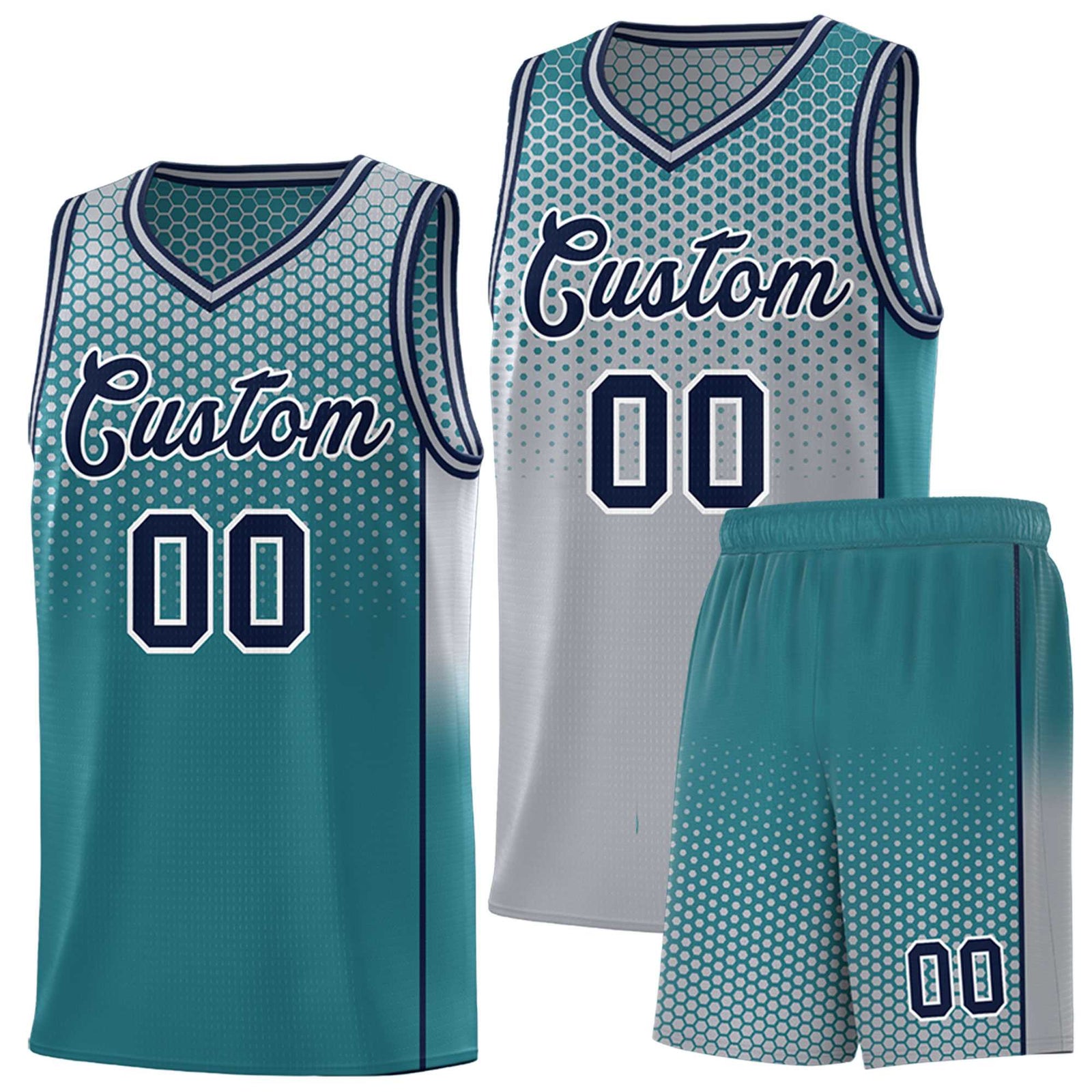 Custom Gray Aqua Reversible Side Gradient Sports Uniform Dot Pattern Basketball Jersey Kits